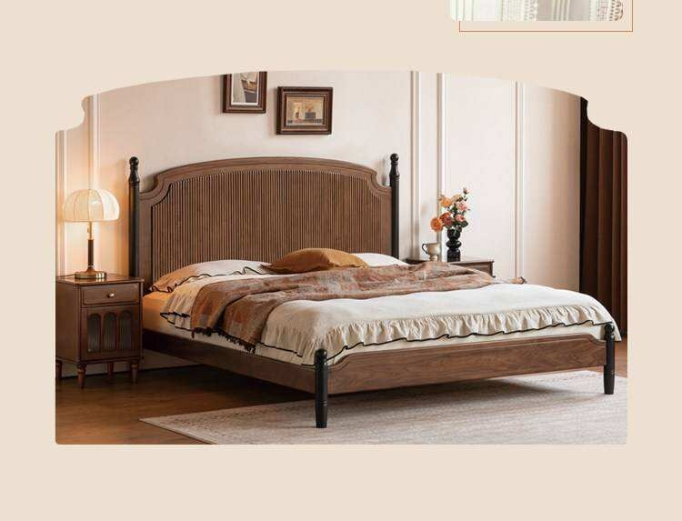 Black Walnut Solid Wood Bed with Reeded Arched Headboard and Turned Corner Posts