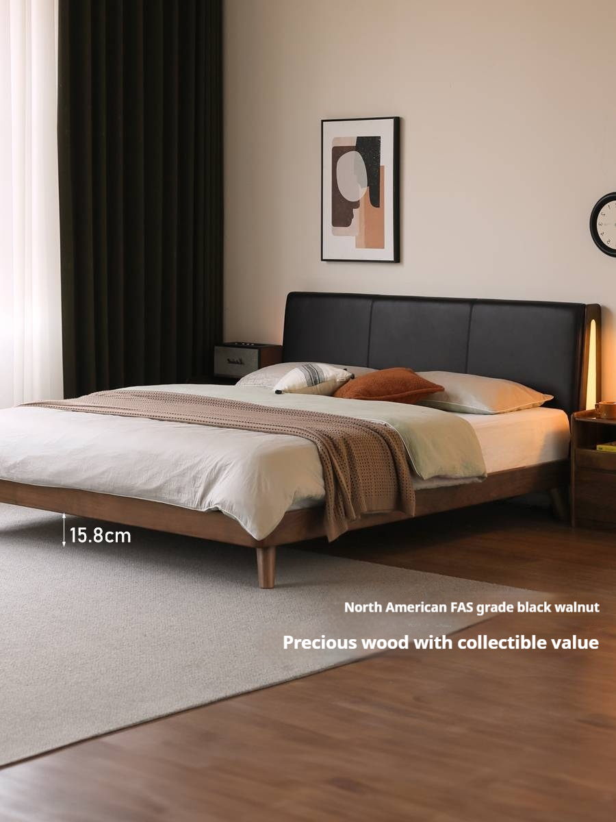 Black Walnut Solid Wood Genuine Leather Upholstered Bed