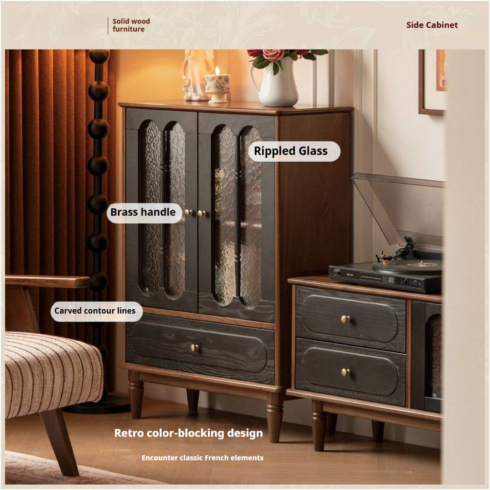 Black Walnut Solid Wood Vintage Curio Cabinet with Rippled Glass Doors and Brass Hardware