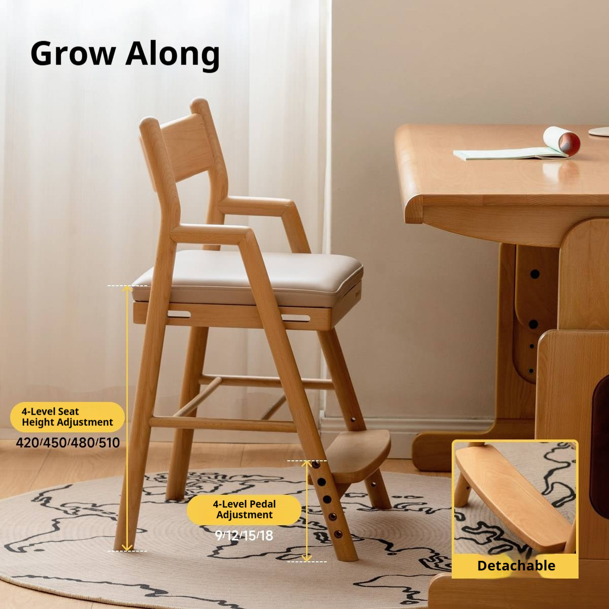 Oak, Beech Solid Wood Kids Chair Height-Adjustable