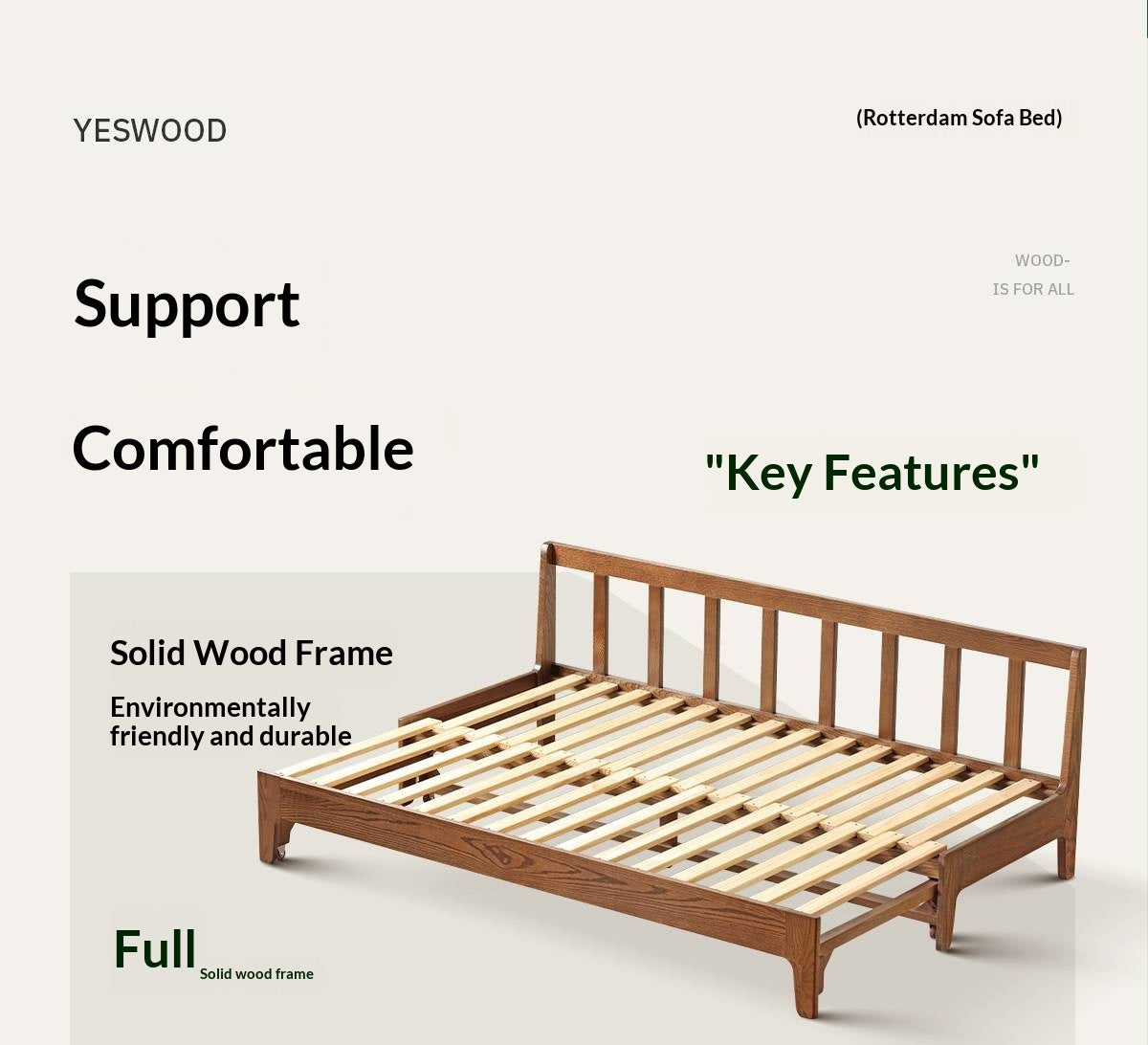 Oak Solid Wood Pull-Out Sofa Bed with Extended Sleeping Platform