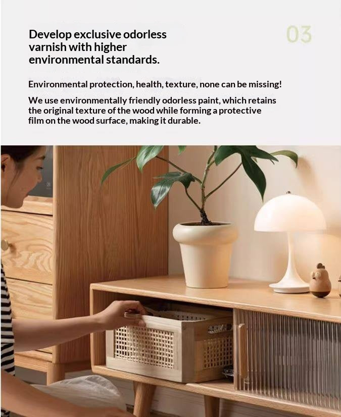 Solid RubberWood, Oak Solid Wood TV Stand Glass Sliding Door