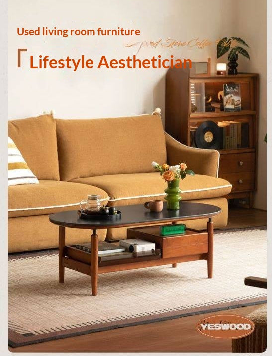 Tulipwood Solid Wood Coffee Table with Rock Slab Top in Retro Style