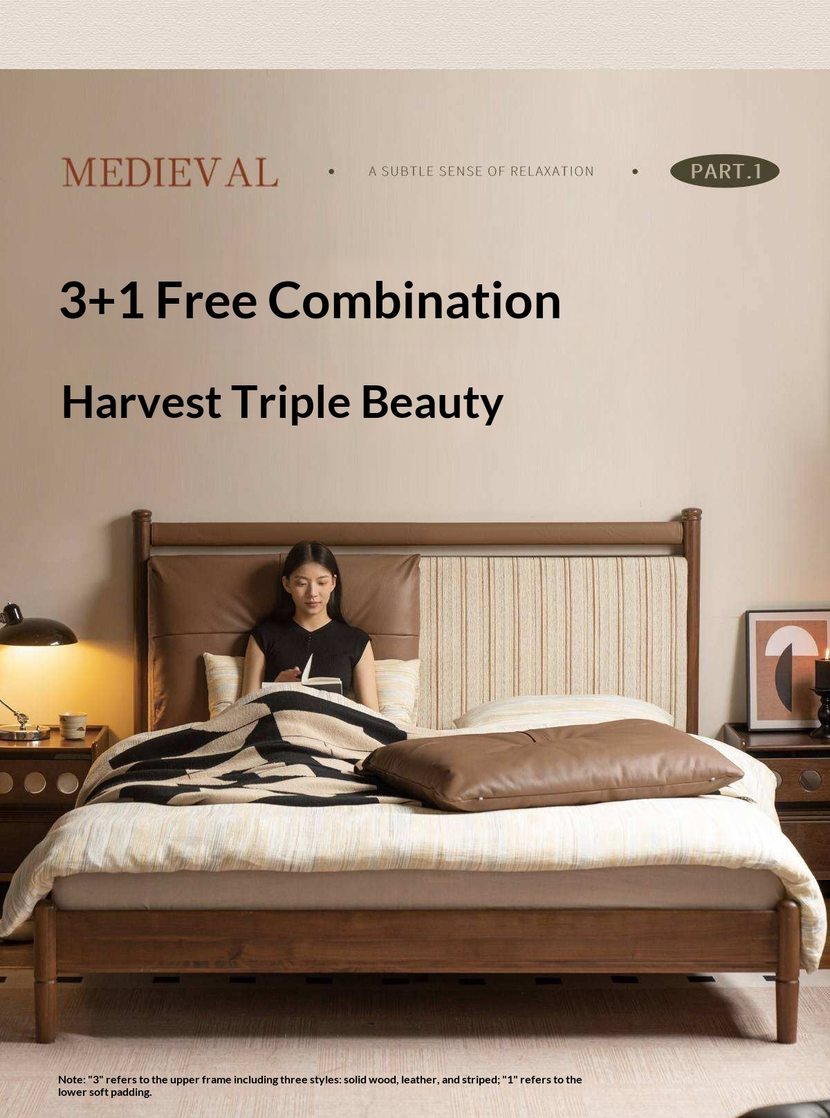 Black Walnut Solid Wood Bed with Plush Genuine Leather Cushioned Headboard