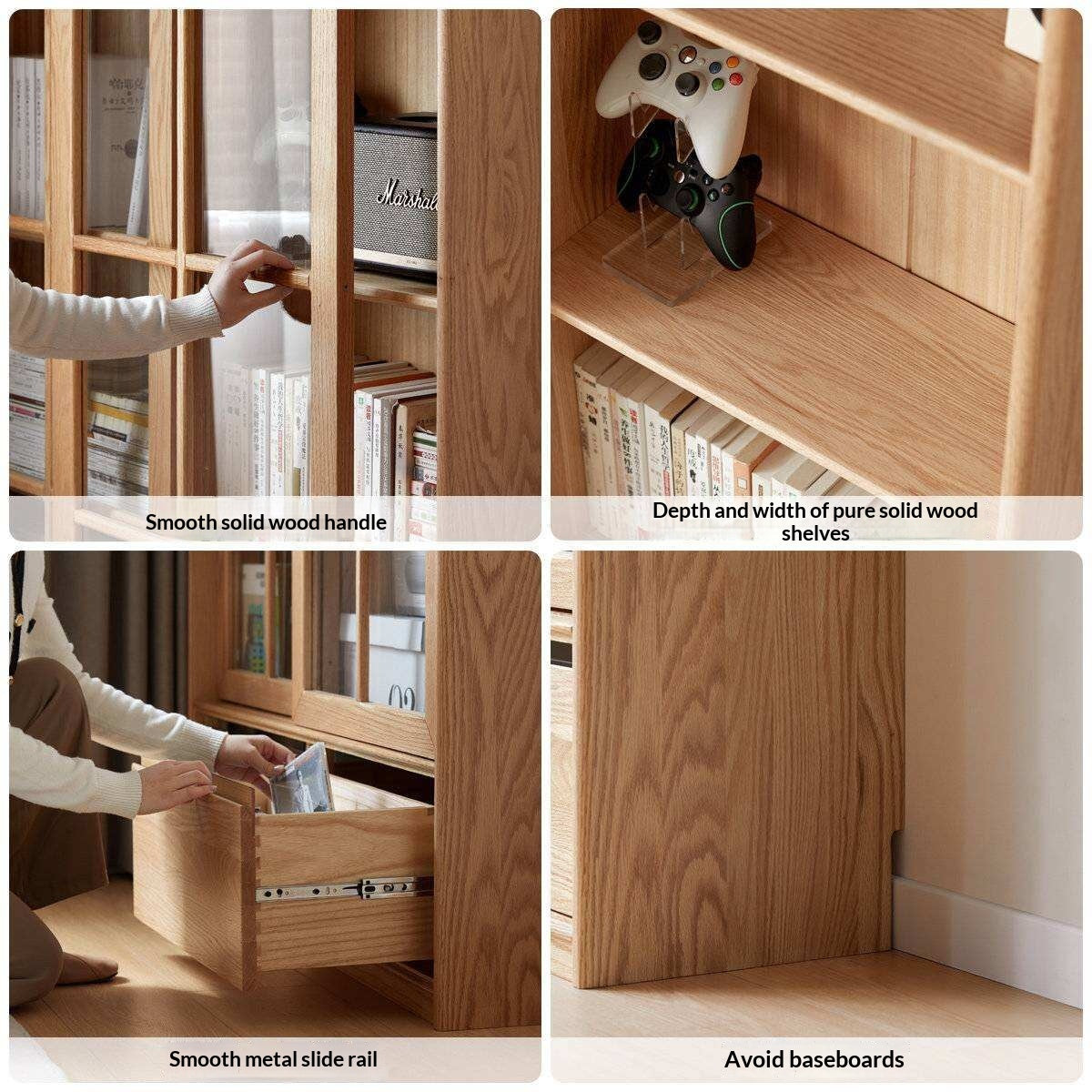 Ash Solid Wood Bookcase with Sliding Doors and Floor-to-Wall Glass Display Cabinet