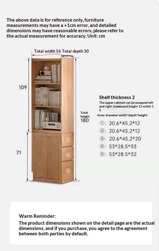 Oak Solid Wood, Solid Rubberwood Bookcase, Floor-Standing Storage Cabinet