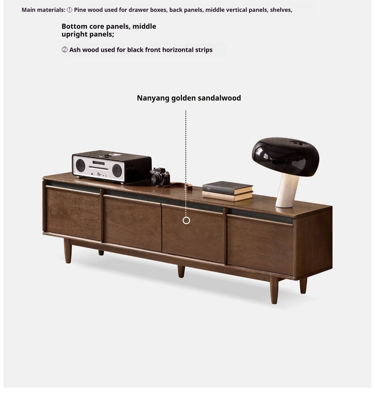 Sandalwood Solid Wood Italian Minimalist TV Console with Tapered Legs