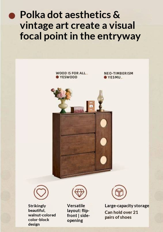 Solid RubberWood Vintage Shoe Cabinet with Flip-Down Drawers and Round Inlay Accents