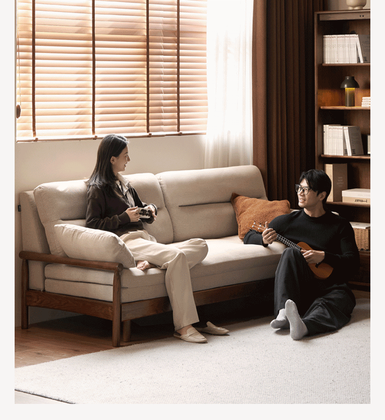 Oak Solid Wood Wood Frame Sleeper Sofa with Reclining Backrest