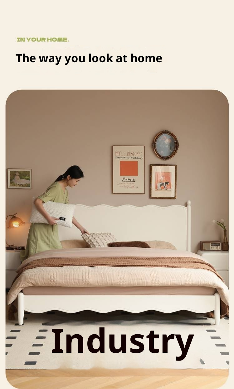 Rubberwood Solid Wood Bed, French Cream Style