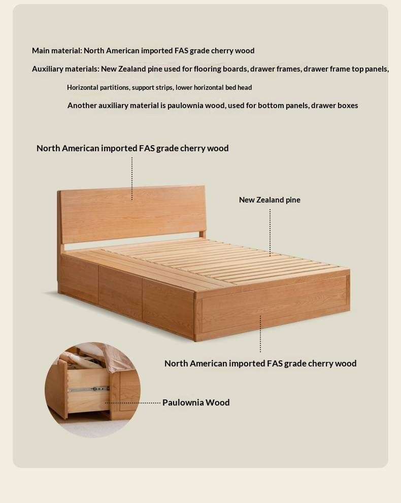 Cherry Solid Wood Storage Bed with Side Storage Drawers