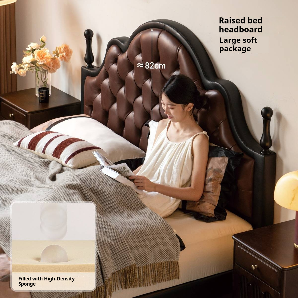 Genuine Leather Elegant Soft Backrest Bed, French Retro