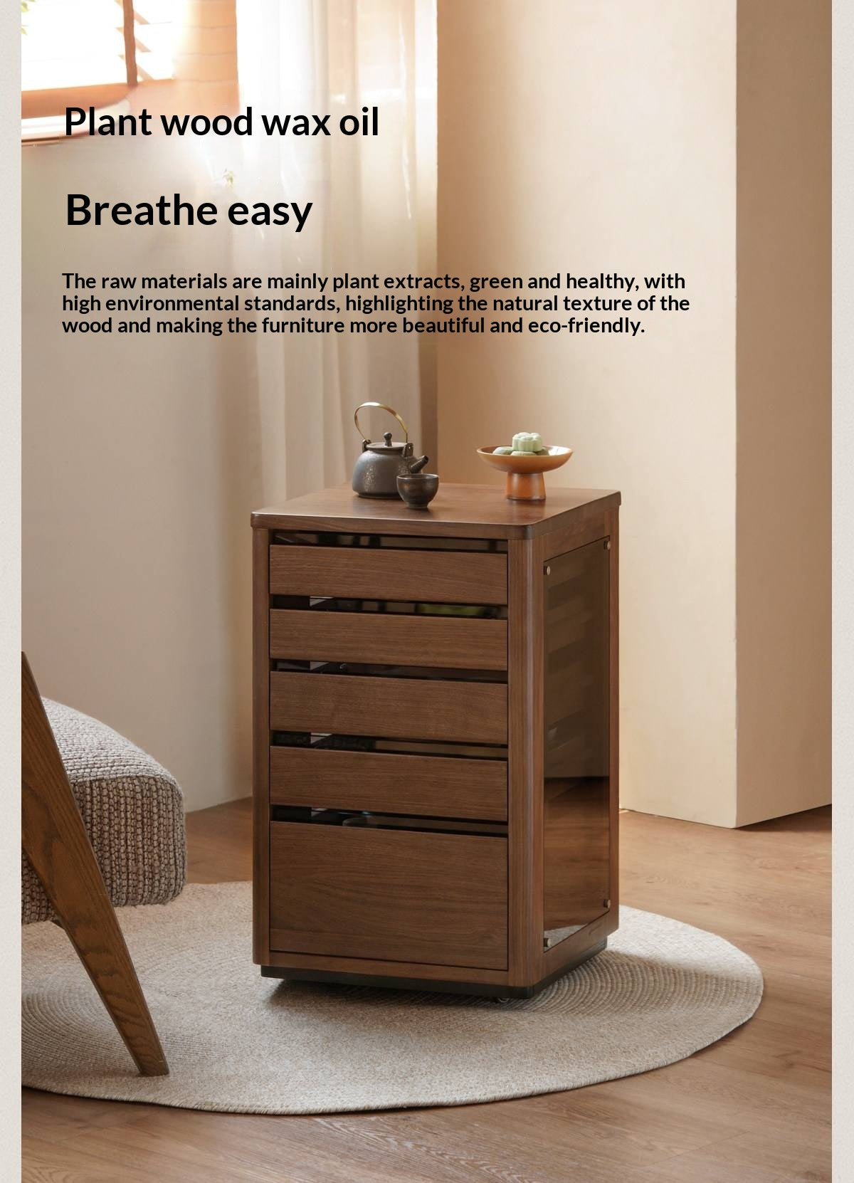 Black Walnut Solid Wood Tea Set Storage Rolling Side Cabinet with Fluted Drawers