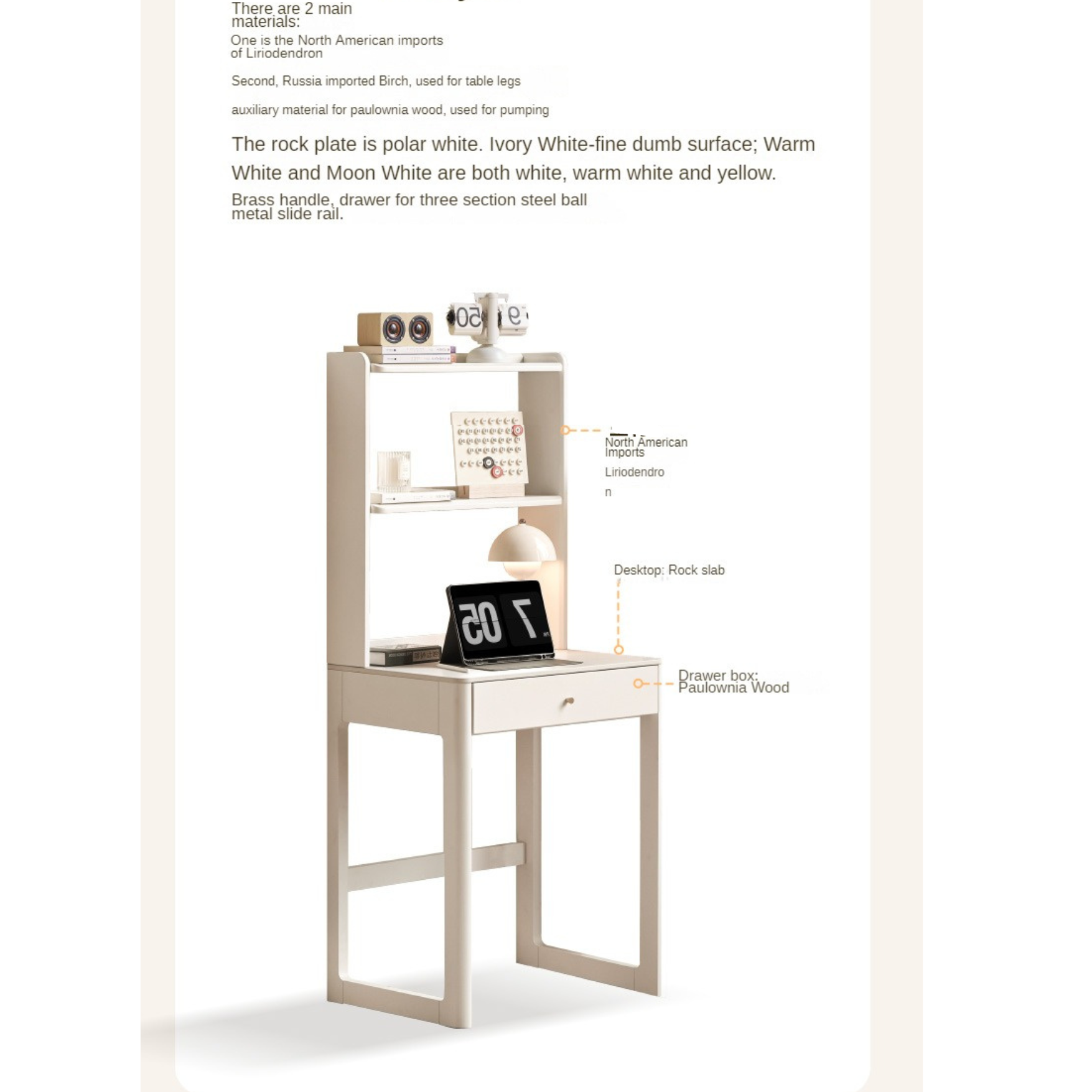 Poplar Solid Wood Rock Board Desk Bookshelf Integrated White Cream )