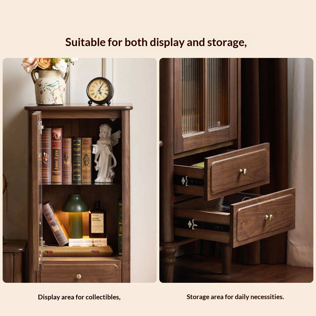 Black Walnut Solid Wood Side Cabinet with Glass Display