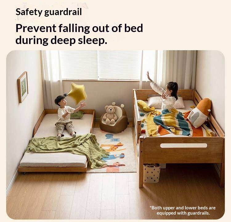 Rubberwood Solid Wood Kids Daybed with Trundle and Safety Guardrails