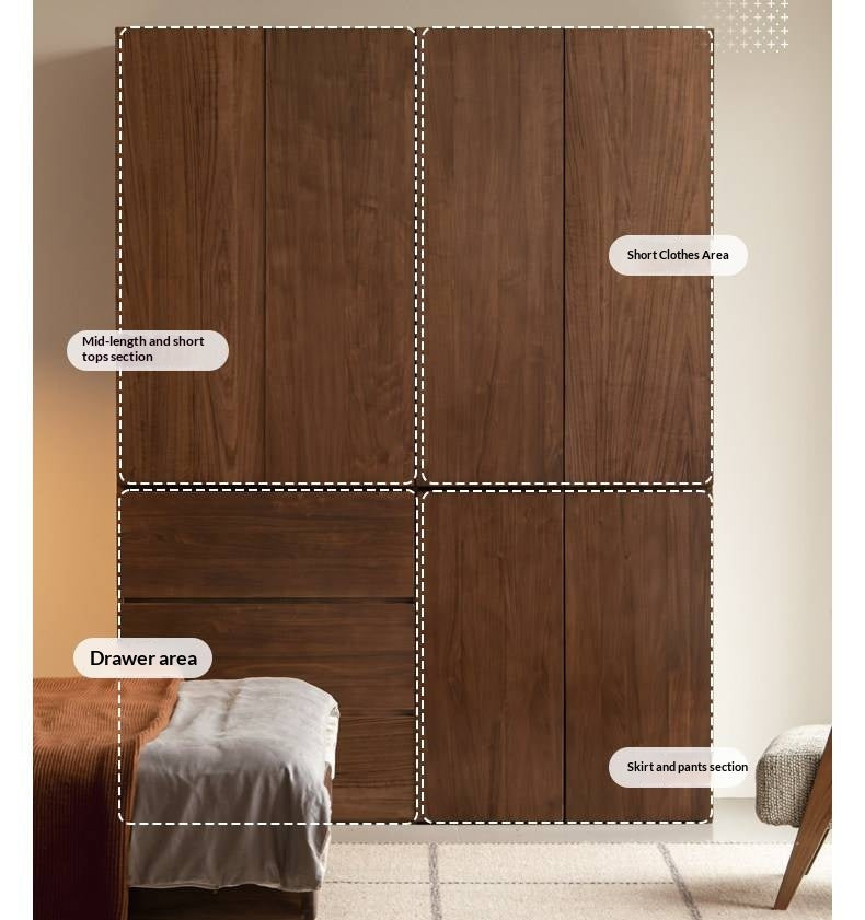 Black Walnut Solid Wood Wardrobe with Italian Style and Storage Cabinet