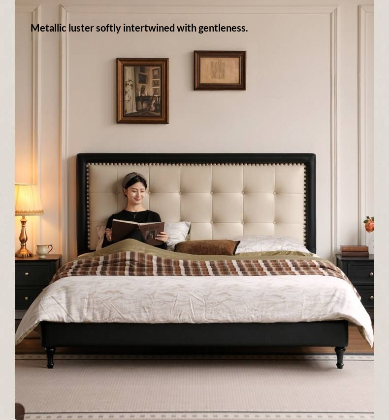 Luxury Genuine Leather Soft Headboard Bed, American Style Riveted Bed
