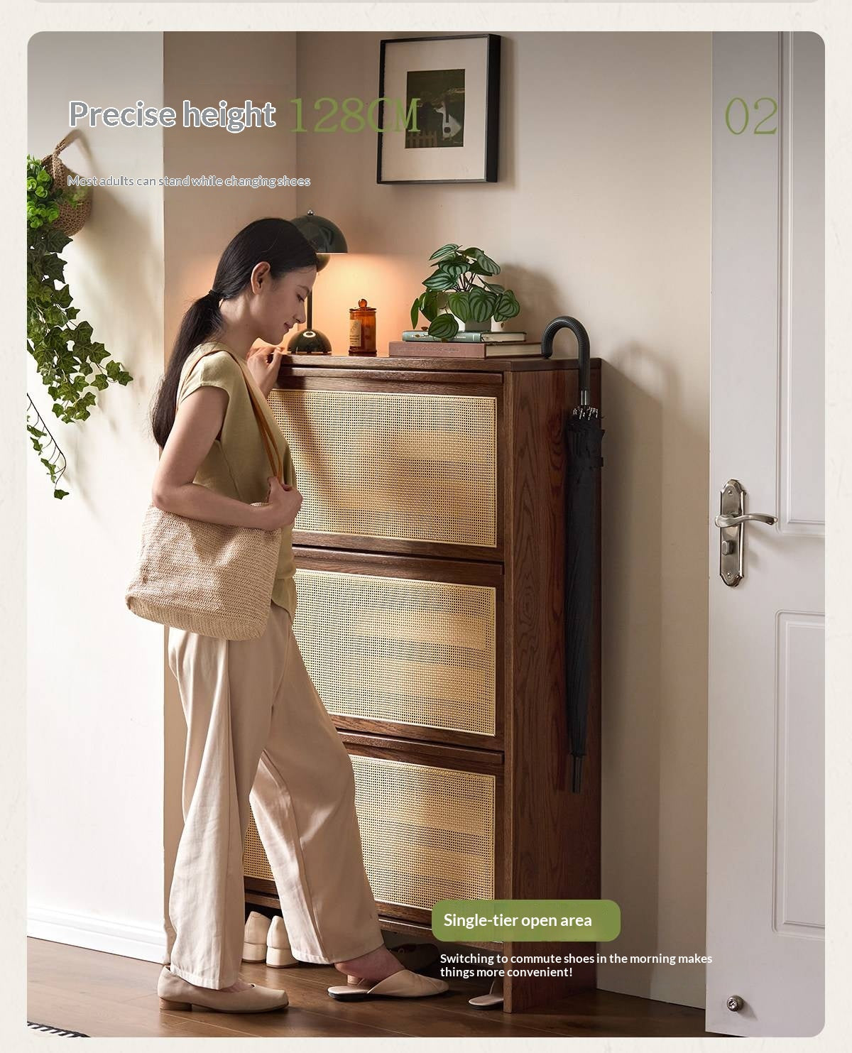 Oak Solid Wood Slim Entryway Shoe Cabinet with Rattan Flip-Down Doors