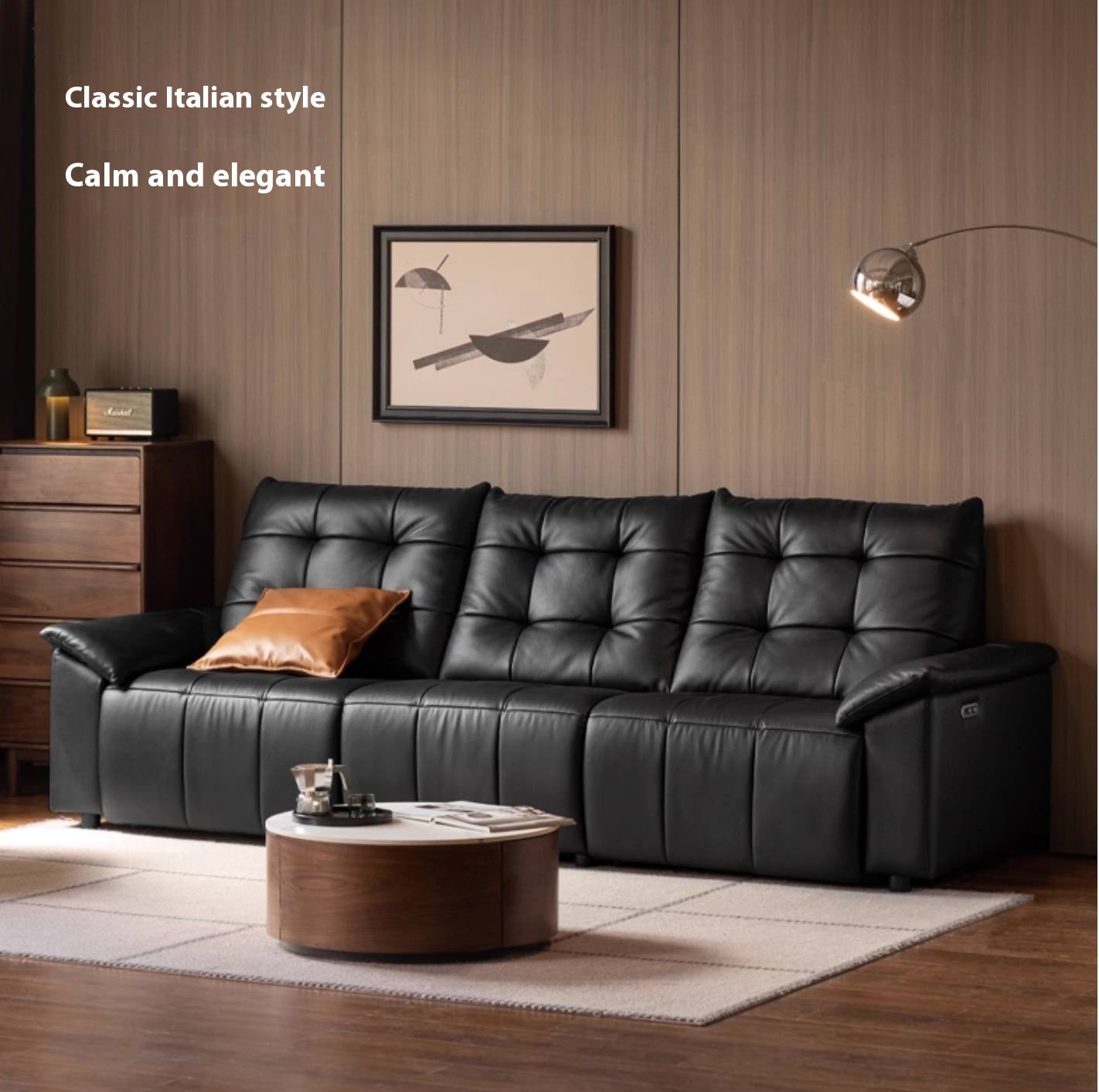 Pine Solid Wood Big Black Functional Leather Sofa