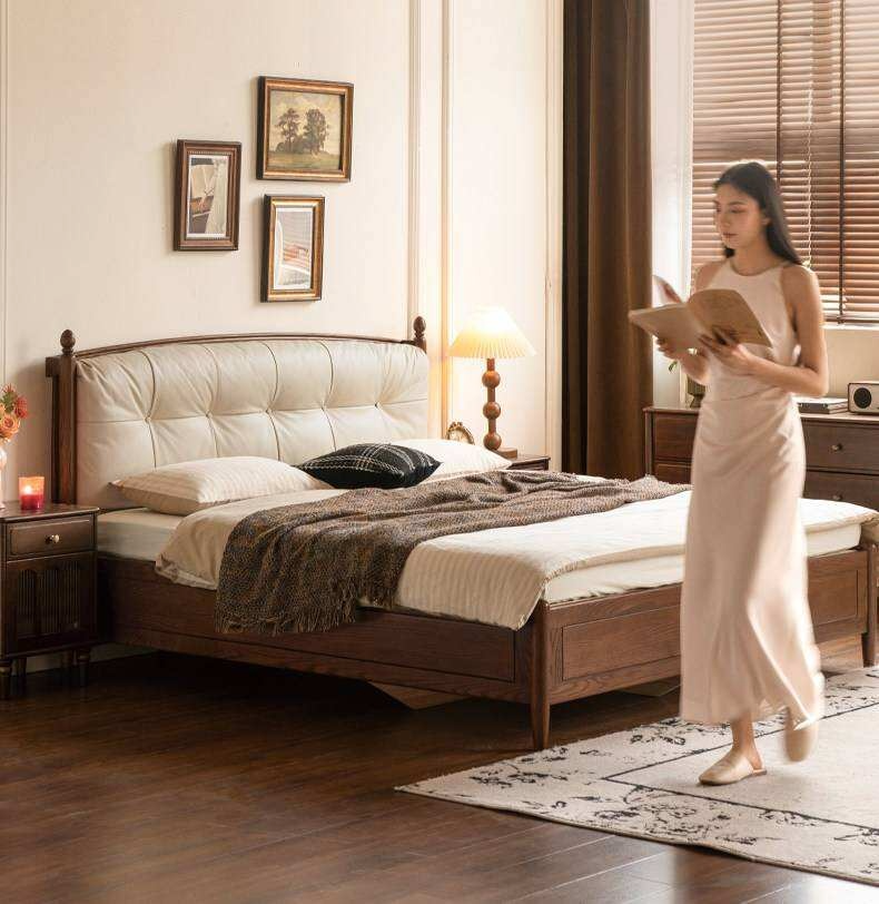 Oak Solid Wood French Country Tufted Storage Bed with Gas Lift and Turned Posts