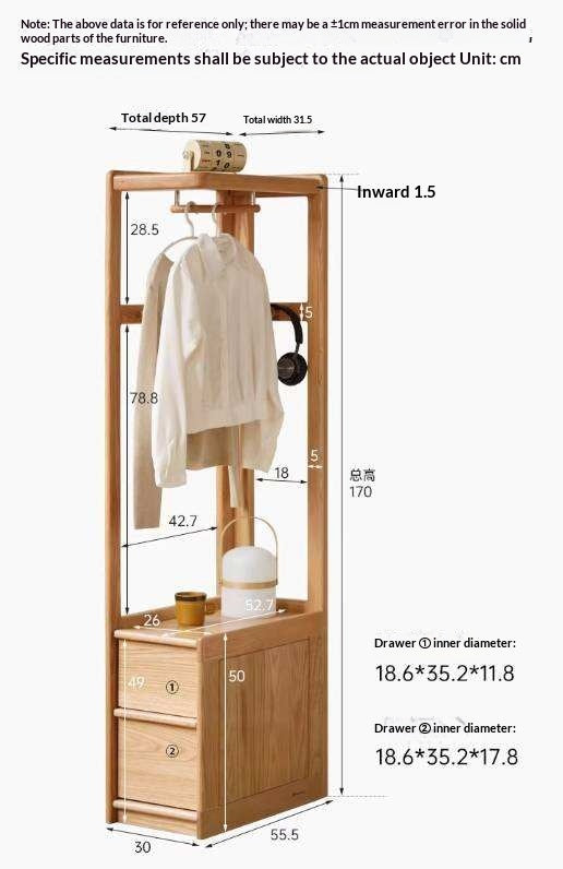 Oak Solid Wood Corner Valet Stand with Garment Rail and Storage Drawers