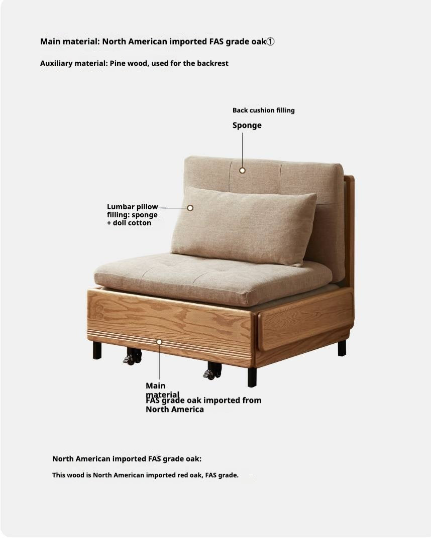 Oak Solid Wood Sleeper Sofa Chair Bed with Attached Fold-Out Side Tray