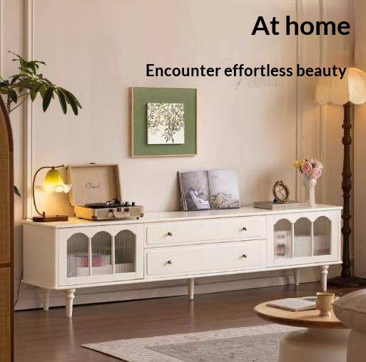 Solid Rubberwood TV Cabinet French Cream Style and Integrated Storage