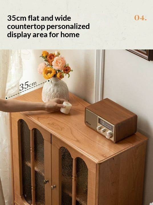 Cherry Solid Wood Side Cabinet with Glass Panels and Storage Shelves
