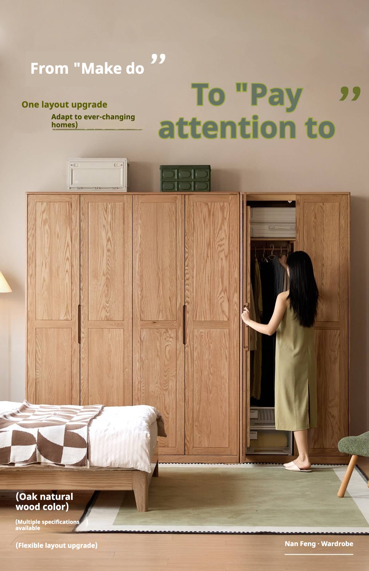 Oak solid wood Wardrobe with Flat Panel Doors and Groove Handles
