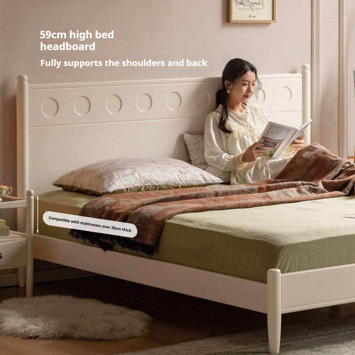 Rubberwood Solid Wood Platform Bed with Carved Dot Headboard and Spindle Legs