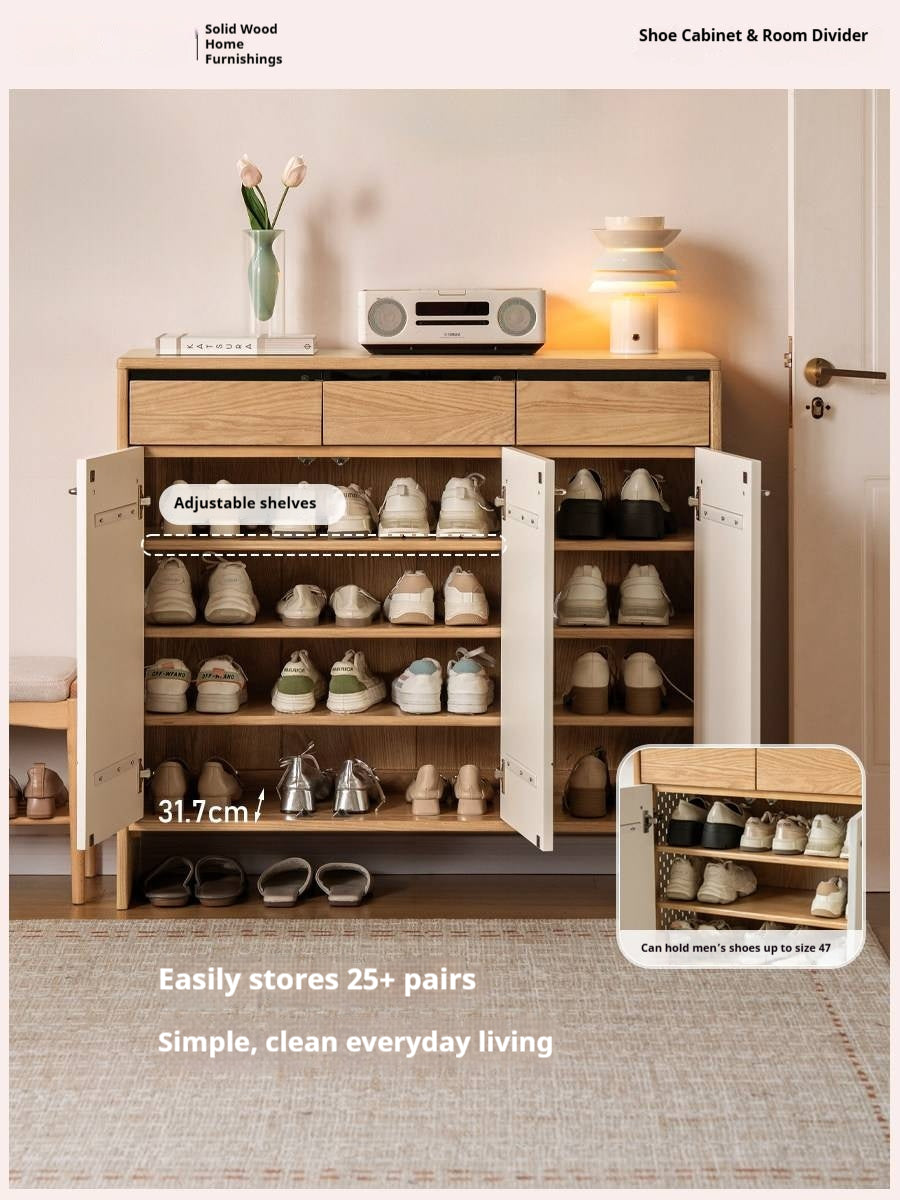 Oak Solid Wood Large Capacity Shoe Storage Cabinet with Fluted Panel Doors and Adjustable Shelves