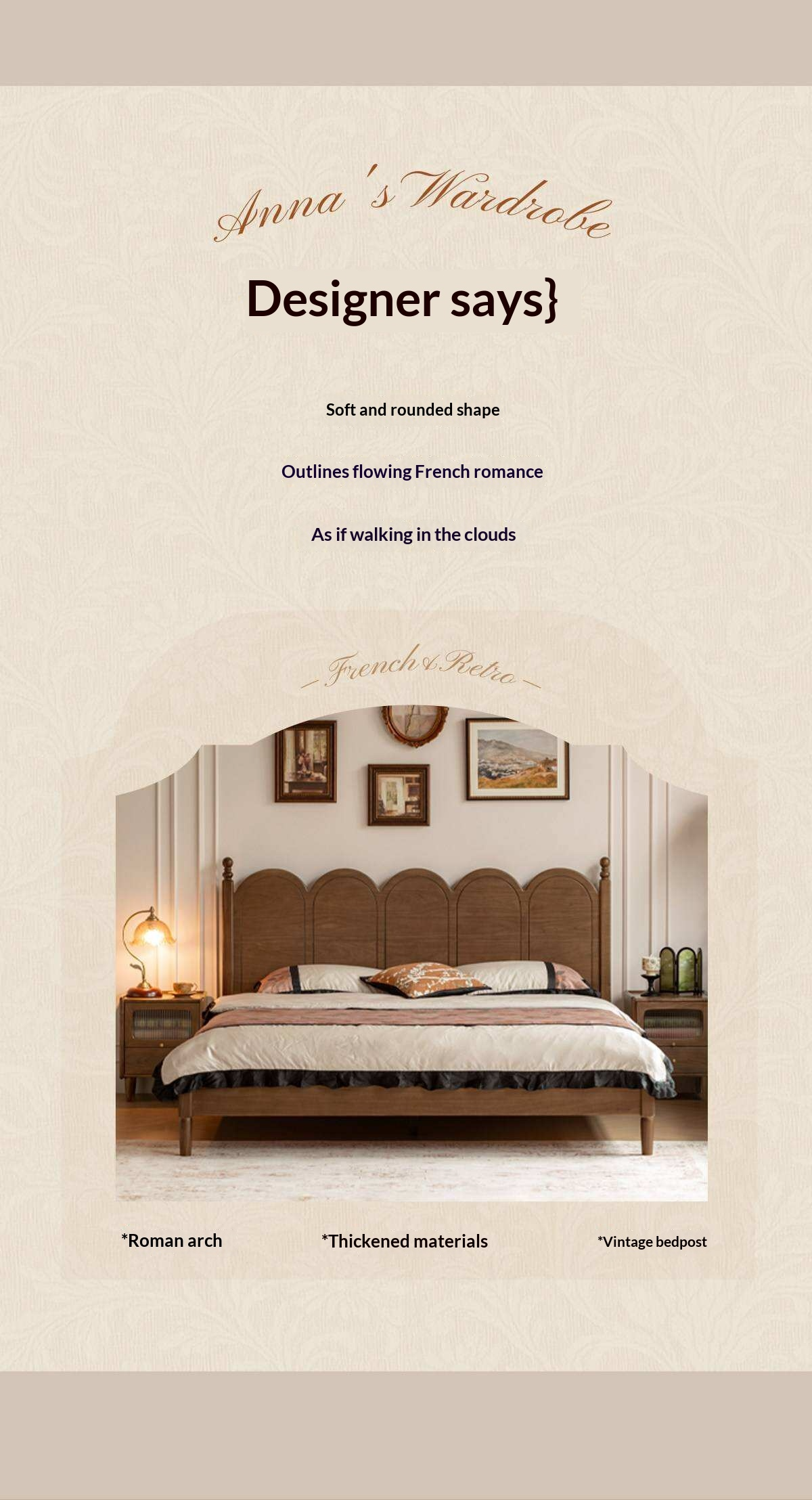Black Walnut Solid Wood French Country Arched Platform Bed with Turned Posts