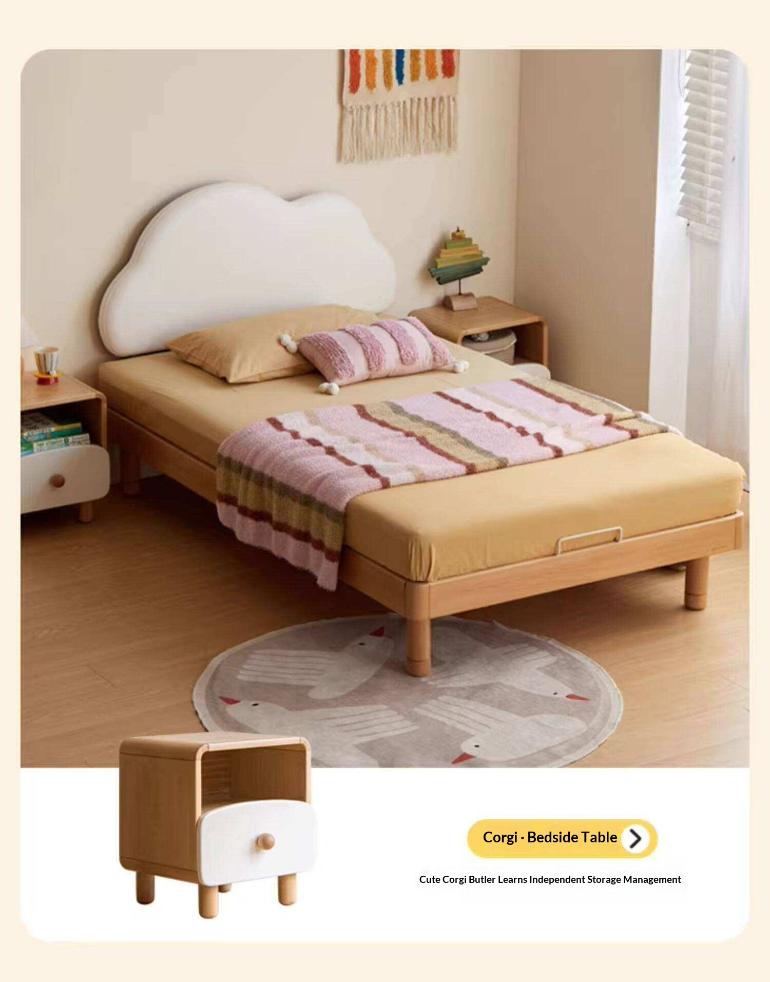 Beech Solid Wood Upholstered Kids Bed with Cloud-Shaped Headboard