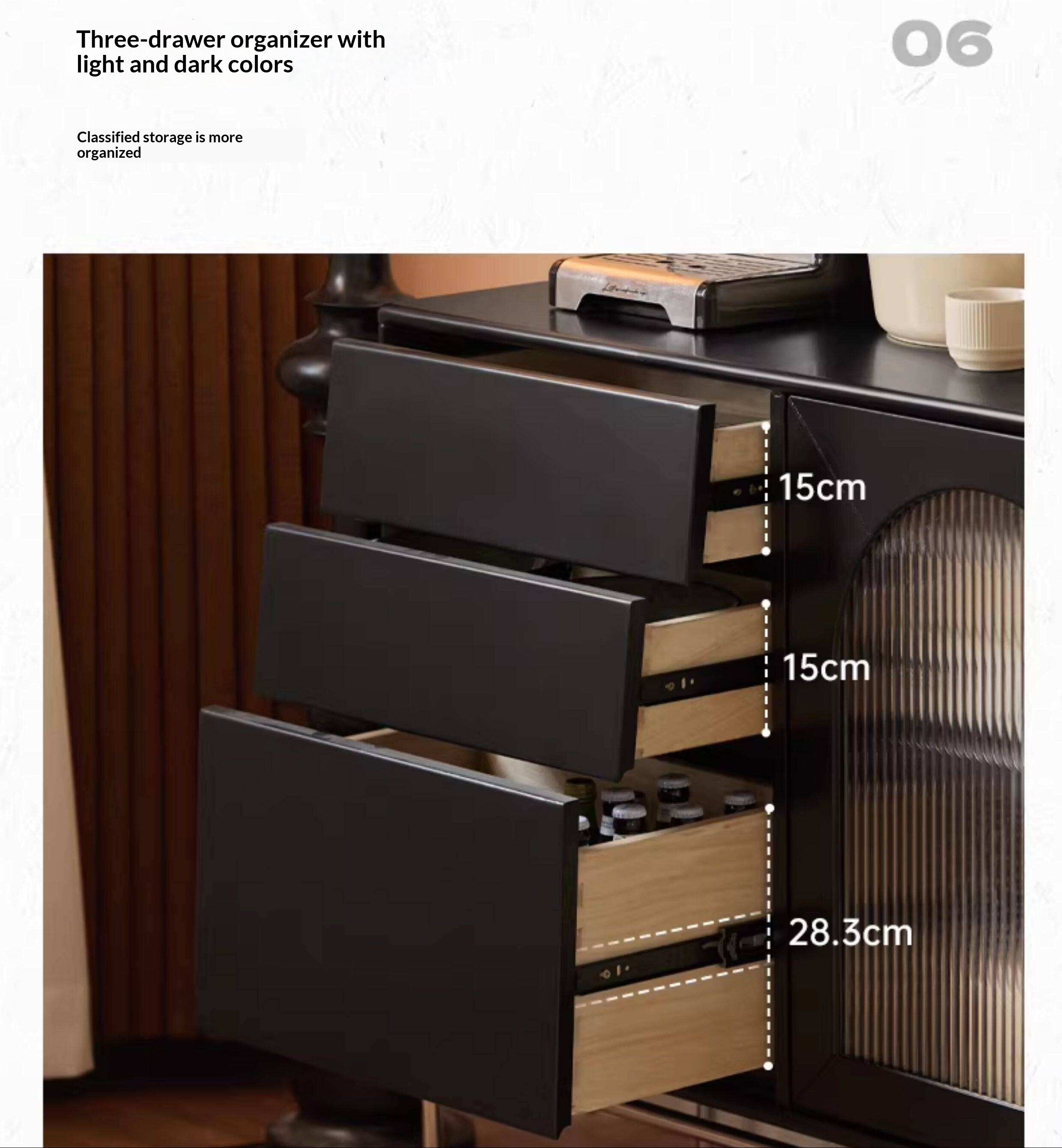 Solid Rubberwood French Retro Sideboard Black Glass