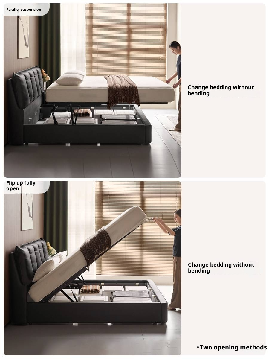 Genuine Leather Black Light Luxury Box Bed