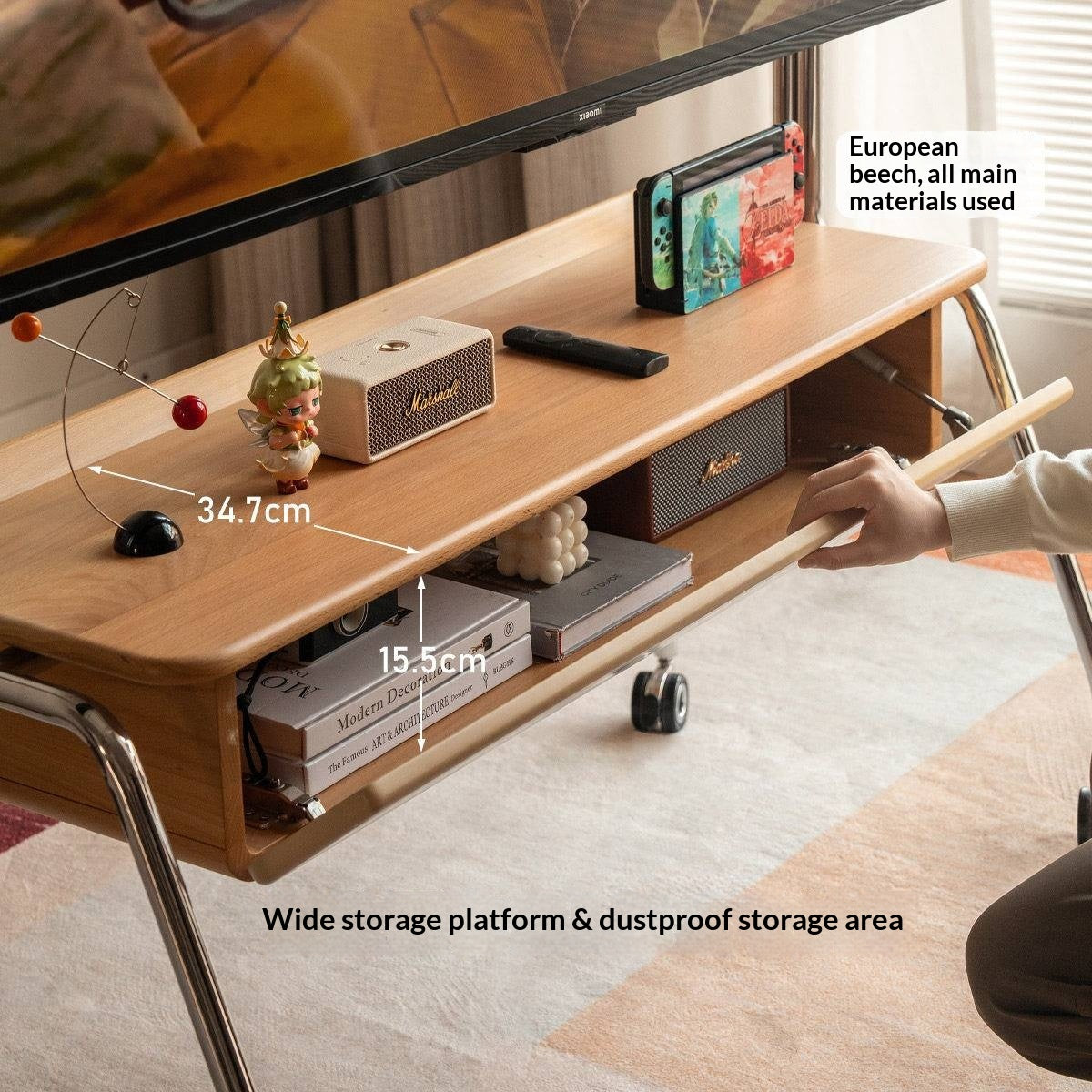 Beech Solid Wood Floor-Standing TV Stand with Modern Minimalist
