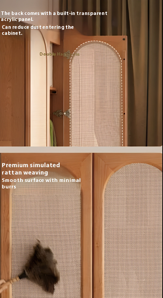 Cherry Solid Wood Retro Rattan Wardrobe