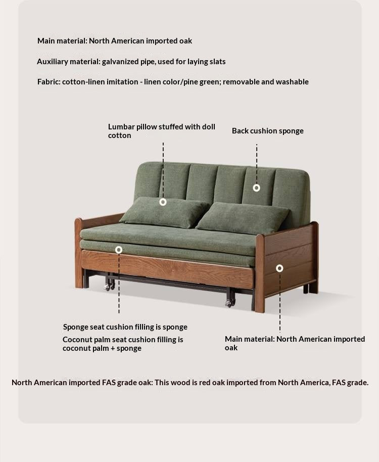 Oak, Ash Solid Wood Sleeper Sofa with Solid Wood Frame and Reclining Backrest