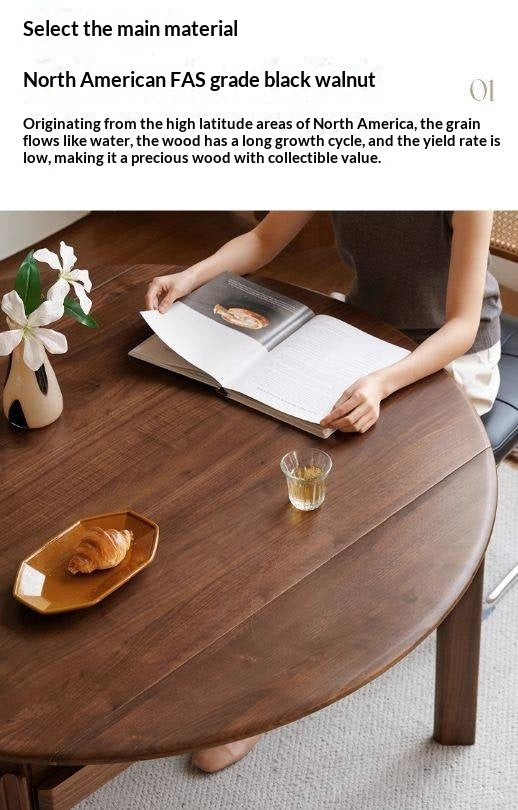 Black Walnut Solid Wood Retractable Round Dining Table