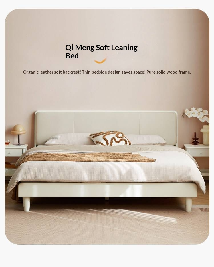 Pine Solid Wood Upholstered Bed — Modern Minimalist White Design, Light Luxury with Organic Leather