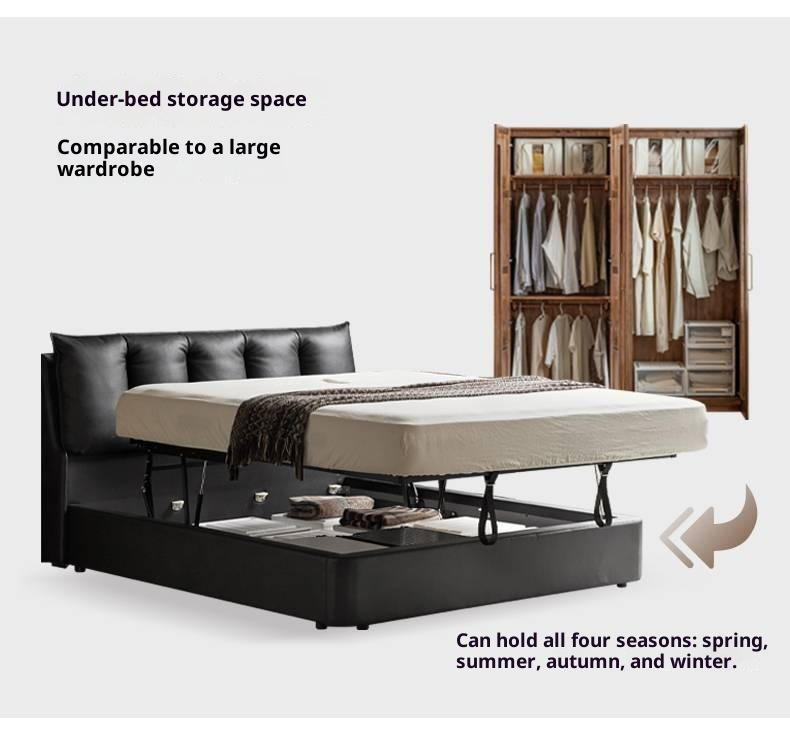 Genuine Leather Black Light Luxury Box Bed