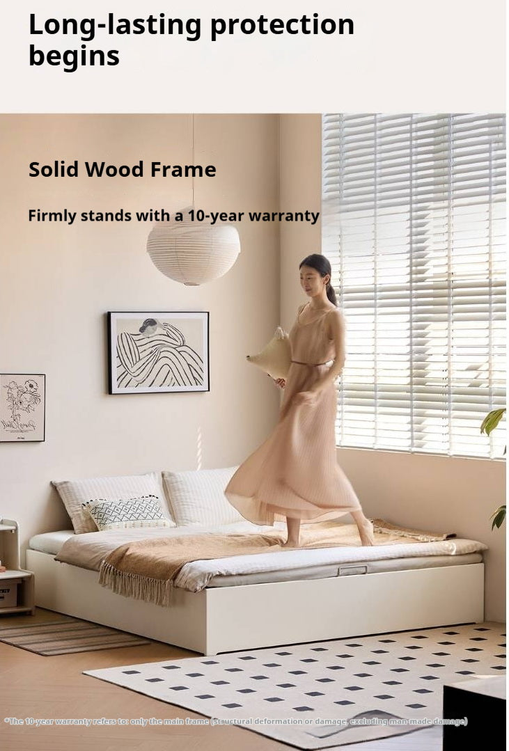Rubberwood Solid Wood Storage Bed with No Headboard and Side-Opening Lid