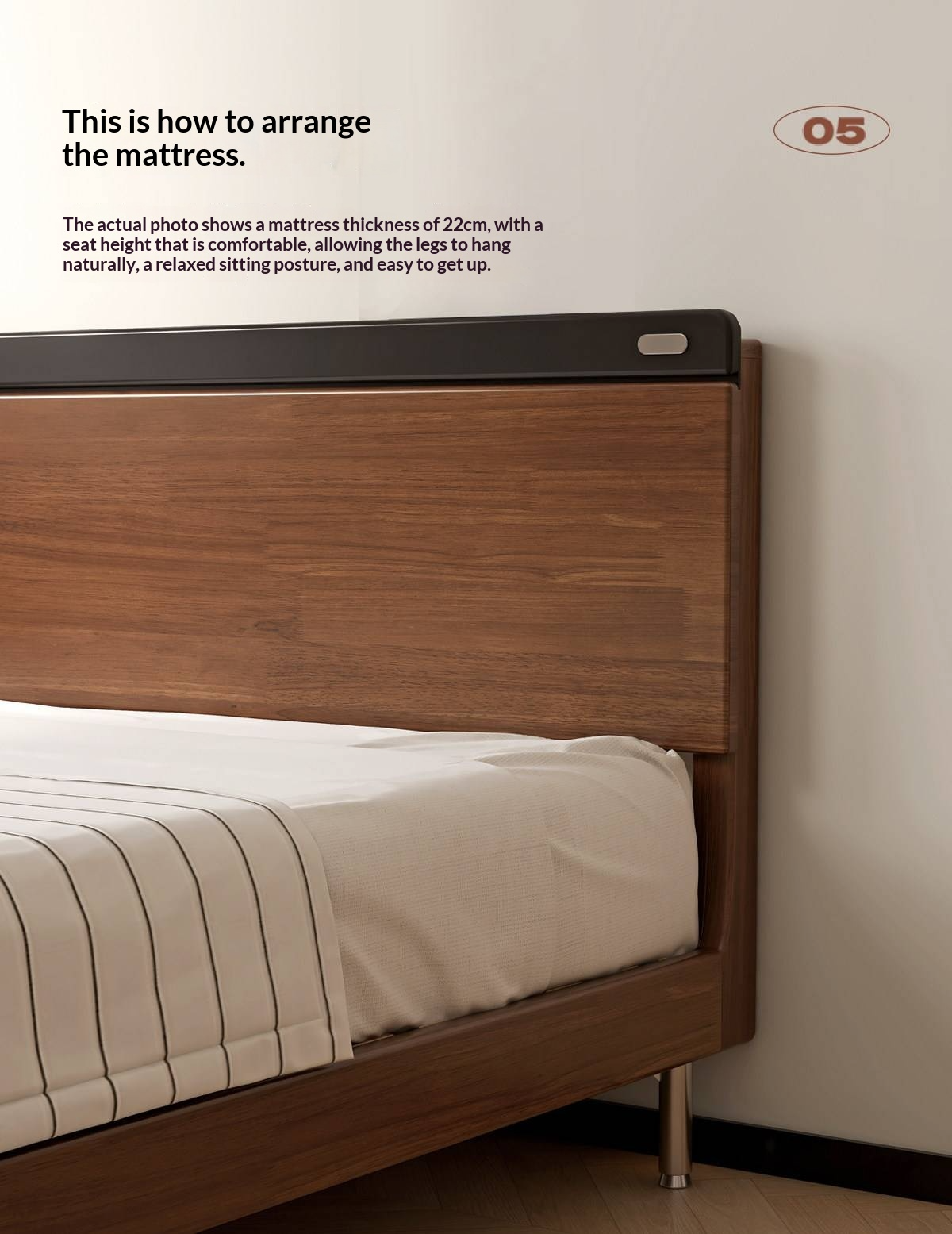 Rubberwood Solid Wood Platform Bed with Metal Legs and Two-Tone Headboard