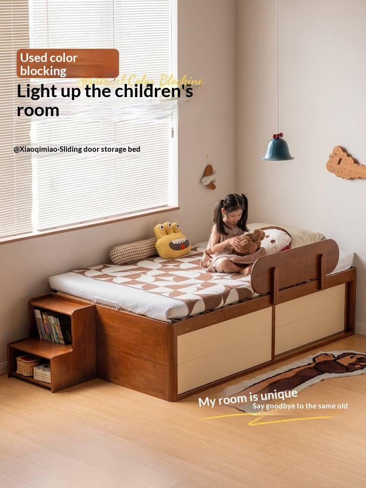 Rubberwood Solid Wood Kids’ Platform Bed and Hidden Storage