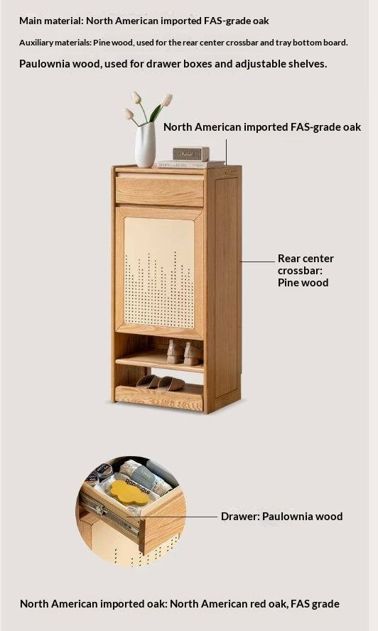 Oak Solid Wood Narrow Shoe Storage Cabinet with Pull-Out Drawer