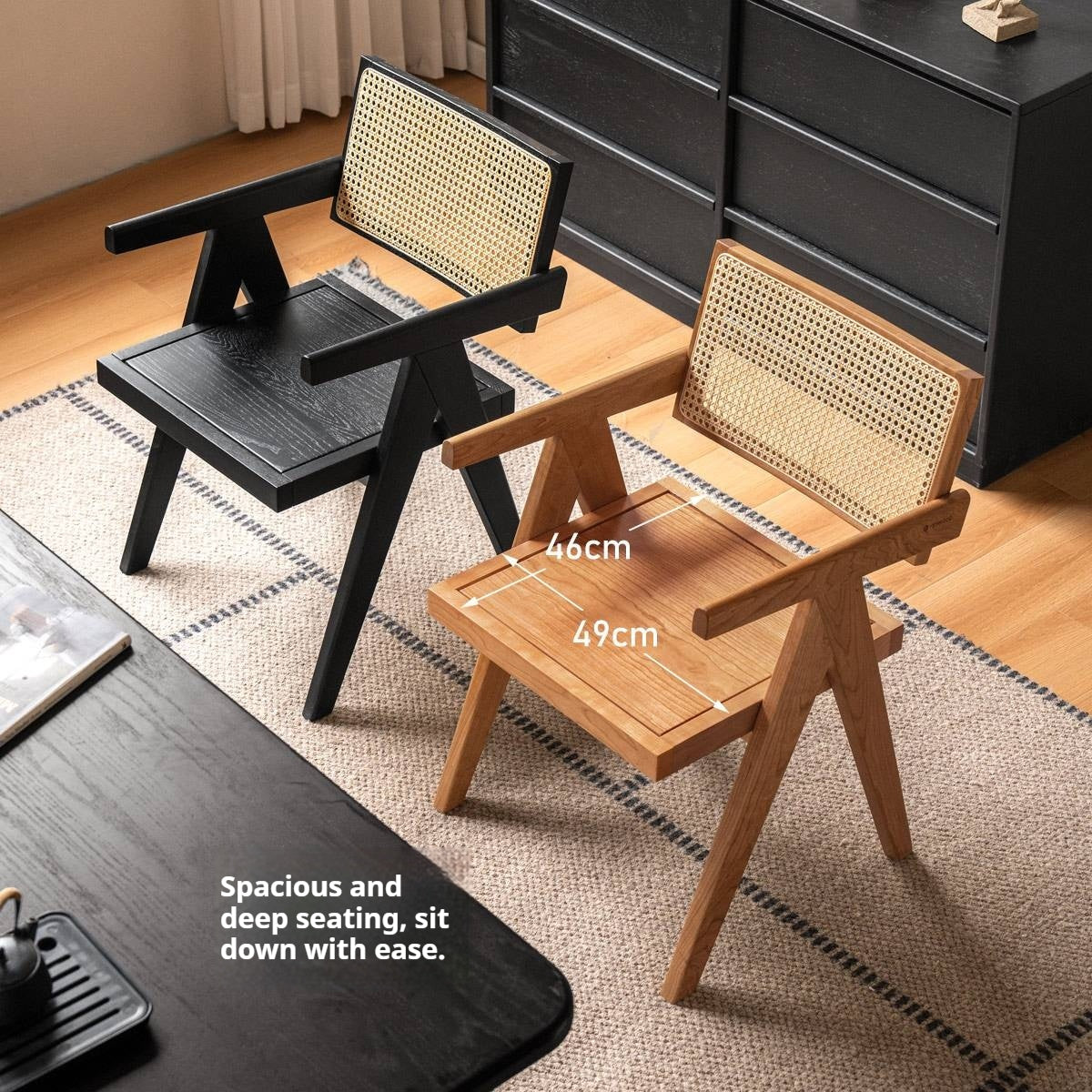 Black Walnut, Ash, Oak, Cherry Solid Wood Light Luxury Rattan Chair