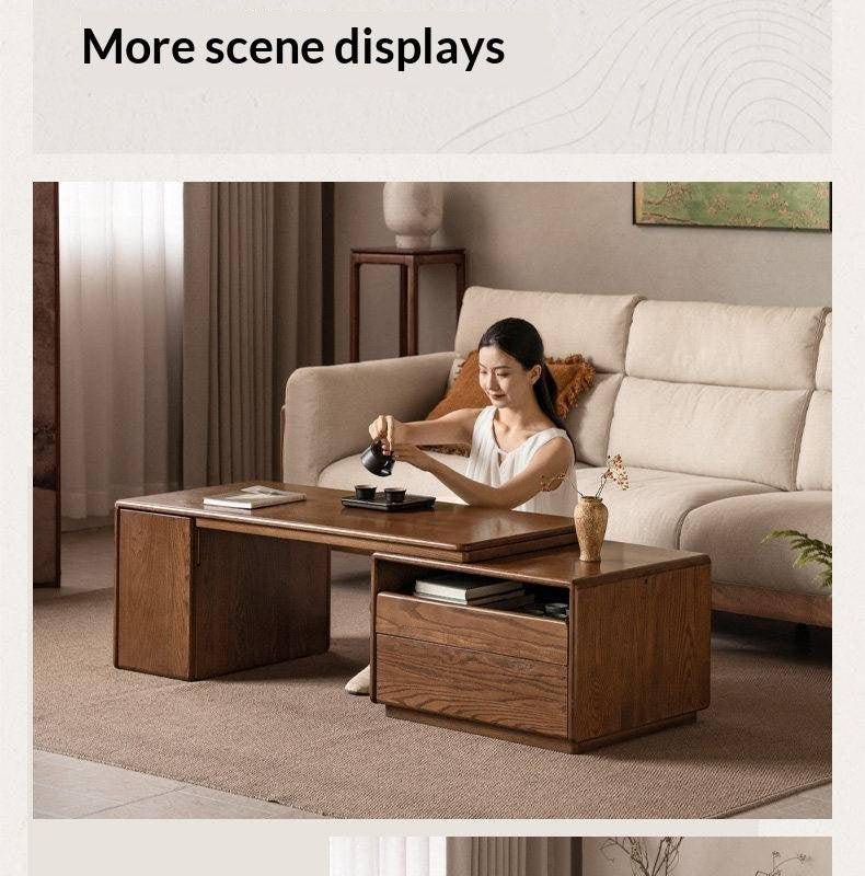 Oak Solid Wood Extendable Coffee Table with Storage