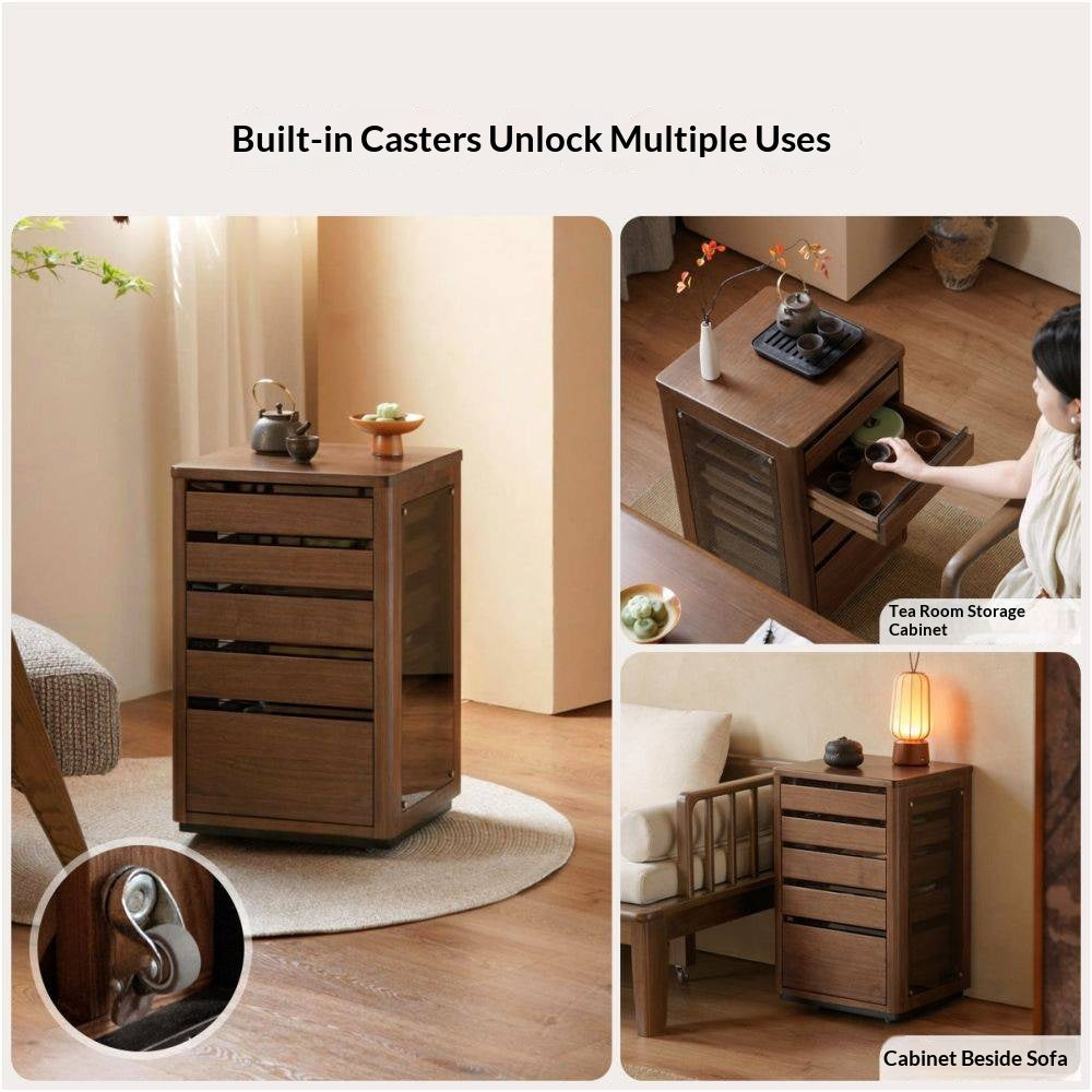 Black Walnut Solid Wood Tea Set Storage Rolling Side Cabinet with Fluted Drawers