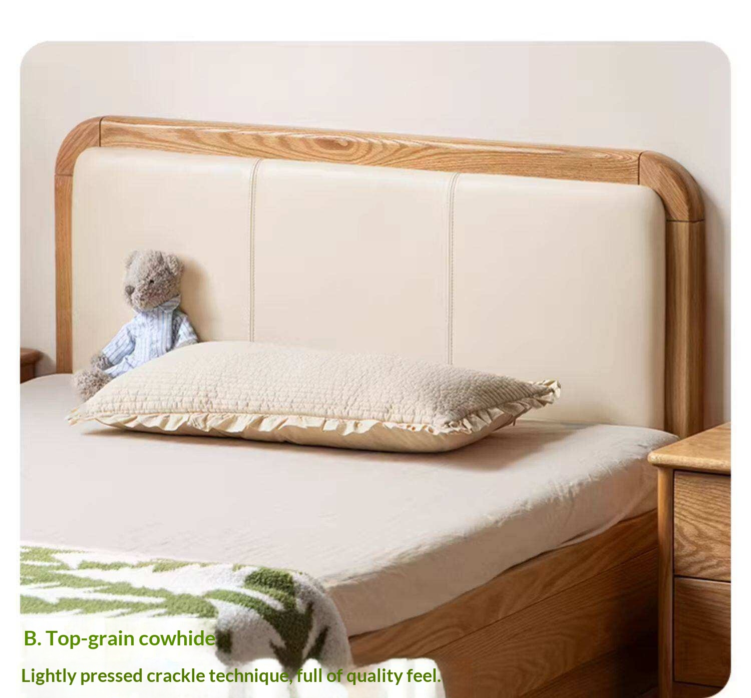 Oak, Rubberwood Solid Wood Upholstered Kids Storage Bed with Gas Lift and Rounded Headboard